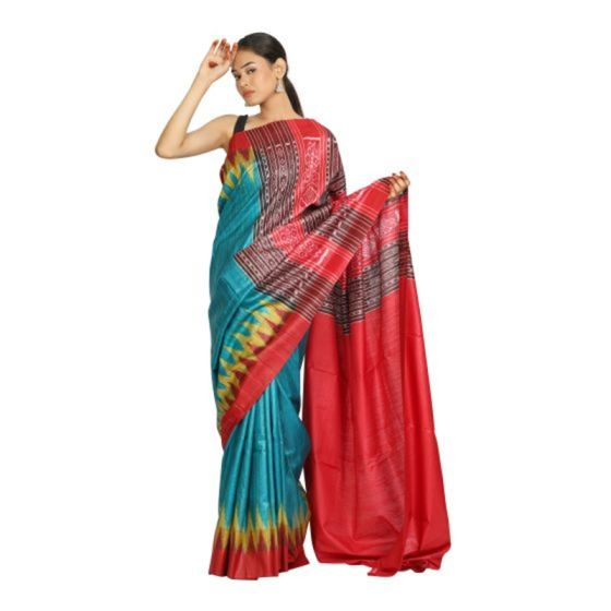 Handloom Ikat Tussar Saree – Red & Teal with Traditional Geometric Pallu