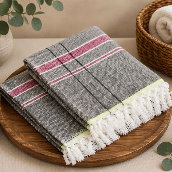 Handloom Cotton Towel 1.75 meter || Color Mehandi, Green & Red Line || Set of 2 || Saras Aajeevika
