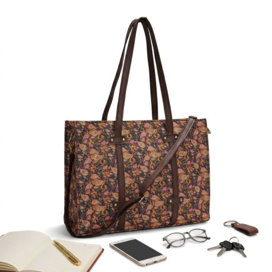 Jacquard Fabric Women's Handbag 15*12 inch || Pink & Brown Colour || Saras Aajeevika