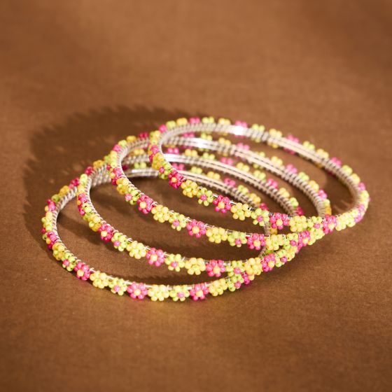 Beads Bangles || Yellow, Green and Pink Color || Set of 4 || Saras Aajeevika