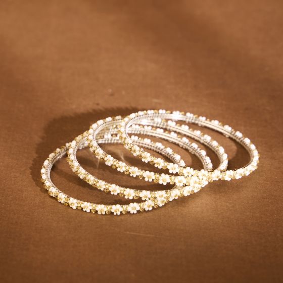 Beads Bangles || White & Gold Color || Set of 4 || Saras Aajeevika