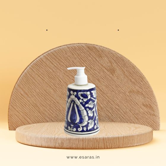 Khurja Pottery Dispenser Big Mugal Painting Blue | Hand Paited Ceramic Liquid Soap Dispenser with Pump | Bathroom Liquid Soap Dispenser | Kitchen Liquid Soap Dispenser