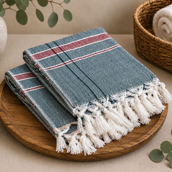 Handloom Cotton Towel 1.75 meter || Color Green & Red Line || Set of 2 || Saras Aajeevika