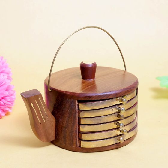 Handcrafted Wooden & Brass Kettle Shape Coaster – Decorative Tea Coaster for Table & Kitchen