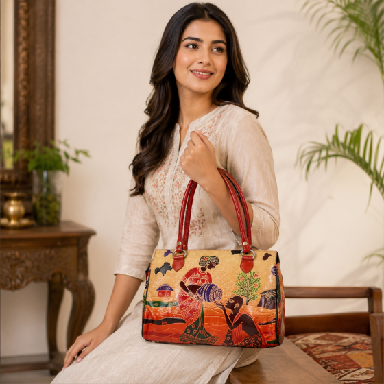Camel Leather Shantiniketan Ladies Handbag 12 inch || Saras Aajeevika
