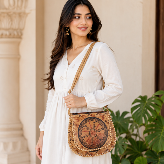 Camel Leather Shantiniketan Ladies Handbag  8 inch Konark || Saras Aajeevika