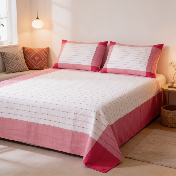 Bedspread Cotton White With Red Line (Double Bed Sheet with Pillow Cover)