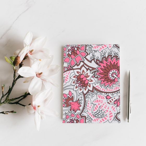 Handcrafted Diary Notepad – White Base with Pink Floral Print | 6x9 Inches | Eco-Friendly Stationery by SHG Artisans