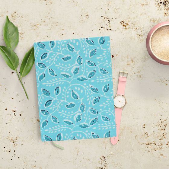 Handcrafted Fabric-Covered Notebook – Blue Leaf Print | Eco-Friendly Stationery by SHG Artisans