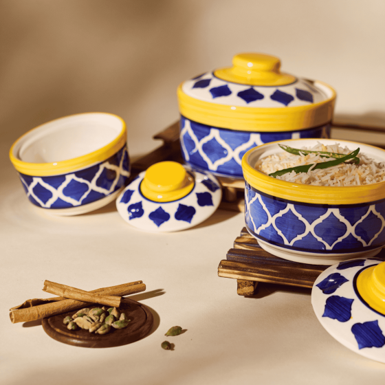 Khurja Pottery Donga 3Pc Blue & Yellow Color | Microwave Safe | Hand painted | Kitchen ware | Home Décor |Blue Yellow