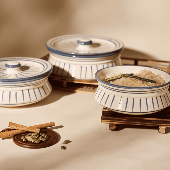 Khurja Pottery Donga 3Pc set Line 8| Hand painted | Kitchen ware | Home Décor | White and Grey