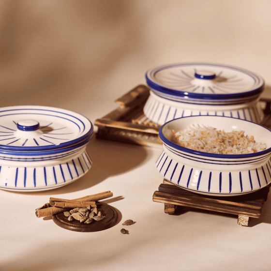 Khurja Pottery Donga 3Pc White and Grey Line 8 | Hand painted | Kitchen ware | Home Décor | White and Grey