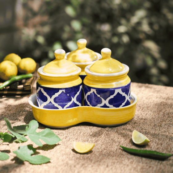 Khurja Pottery Jar + Tray Yellow Blue 3+1| Hand painted | Kitchen ware | Home Décor | Yellow and blue