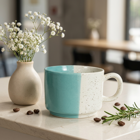 Khurja Pottery Murli Cup Italian 50-50 Green White So6| Hand painted | Kitchen ware | Home Décor |Green and White