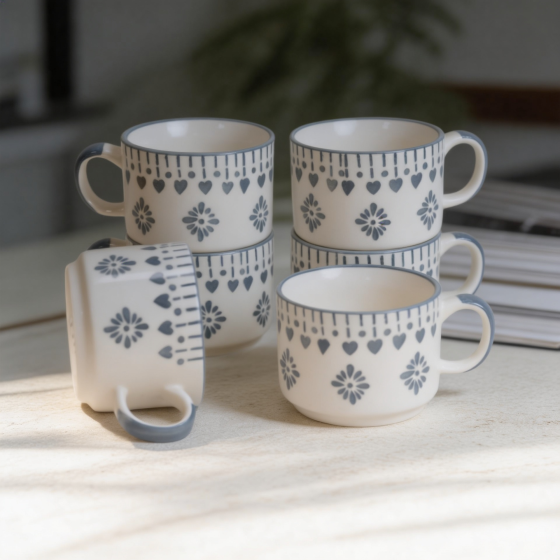 Khurja Pottery Murli Cup Painting Grey Flower So6 | |Ceramic Cup | Microwave Safe | Hand painted | Kitchen ware | Home Décor | Grey