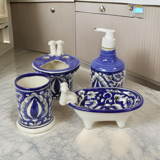 Khurja Pottery Bathroom Set Mugal Painting Blue New || Set of 4 || 