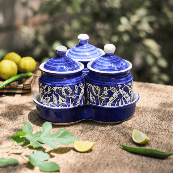 Khurja Pottery Jar and Tray Blue Mugal Painting 3+1 set | Handmade Kitchenware | Blue