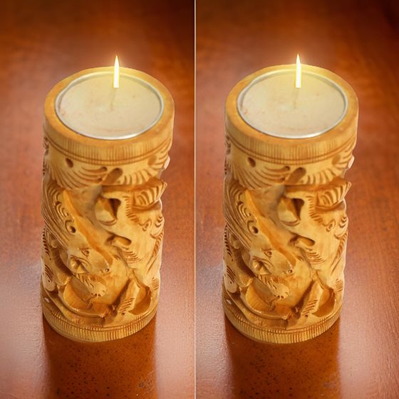 Wooden Candle Stand Animal 2*4"(Set of 2) || Natural Color || Saras Aajeevika