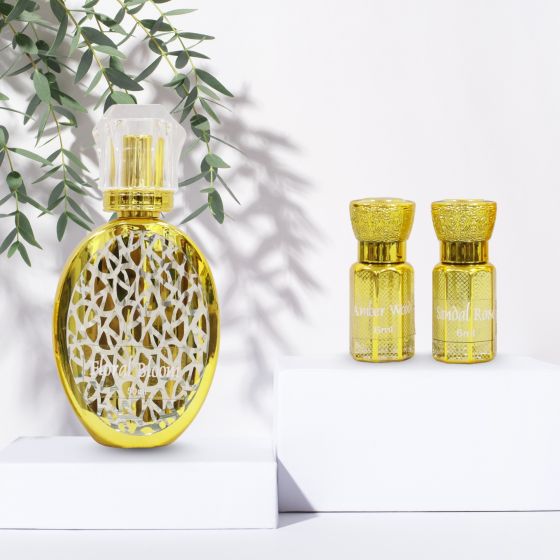 Attar Gift Box Unisex - x 3 || Floral Bloom (50 ml x 1), Sandal Rose (6ml x 1),  Amber Wood (6ml x 1) || Unique Collection of Natural Attar from Kannauj || Saras Aajeevika
