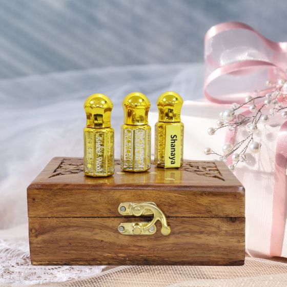 Attar Wooden Gift Box Unisex - x 3 || Kashmiri Oud (6ml x 1), Shanaya (6ml x 1), Ambar Wood (6ml x 1) || Unique Collection of Natural Attar from Kannauj || Saras Aajeevika