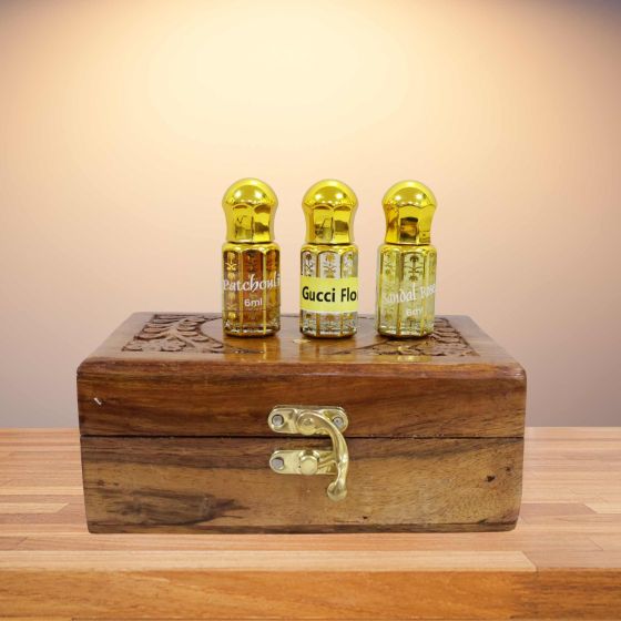 Attar Wooden Gift Box Unisex - x 3 || (Pachauli (6ml x 1), Floral Bloom ((6ml x 1), Sandal Rose (6ml x 1) || Unique Collection of Natural Attar from Kannauj || Saras Aajeevika
