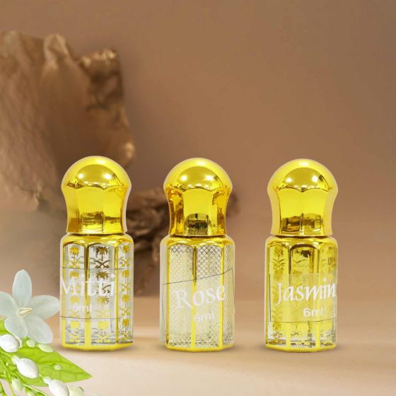 Attar Wooden Gift Box Unisex - x 3 || Mitti (6ml x 1), Jasmine (6ml x 1), Rose(6ml x 1) || Unique Collection of Natural Attar from Kannauj || Saras Aajeevika