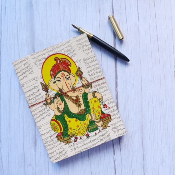 Handmade Paper Diary || Ganesha Print || White || 6x8 || Saras Aajeevika