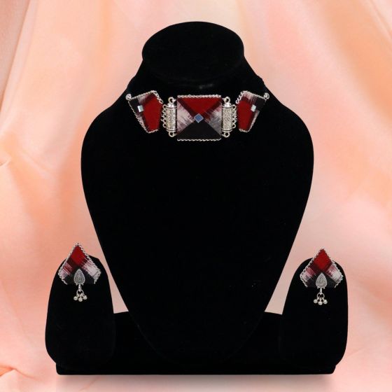 Handmade Sambalpuri Fabric Silver Oxidized Choker Set || Saras Aajeevika