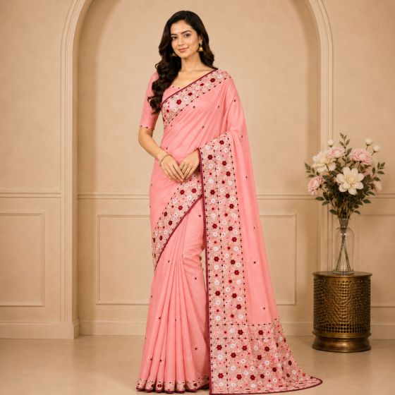 Chanderi Cotton Phulkari Saree || 6.5 Meter || Pink Colour with Blouge || Saras Aajeevika