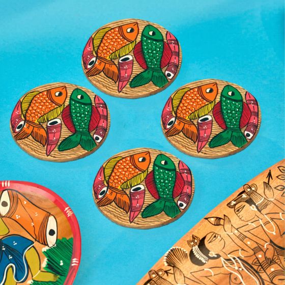 Kalighat Fish Painting Wooden Tea Coaster || Set of 4 || Saras Aajeevika