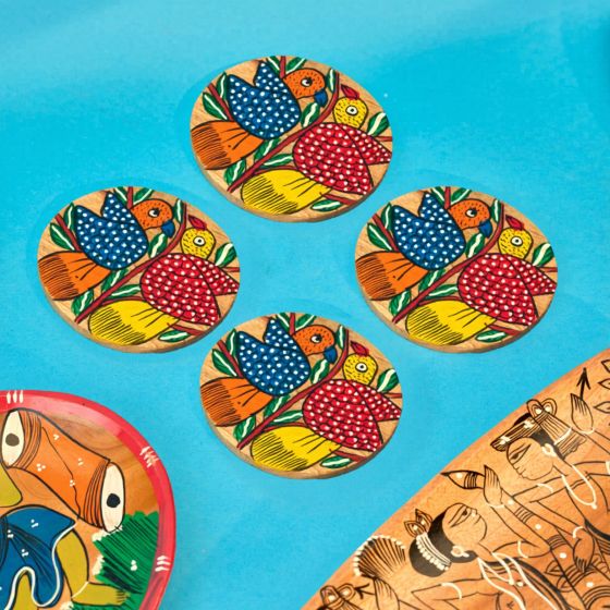 Kalighat Bird Painting Wooden Tea Coaster || Set of 4 || Saras Aajeevika