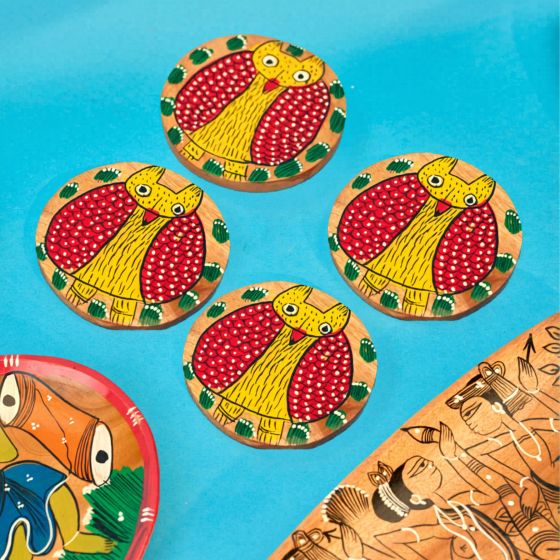 Kalighat Owl Painting Wooden Tea Coaster || Set of 4 || Saras Aajeevika