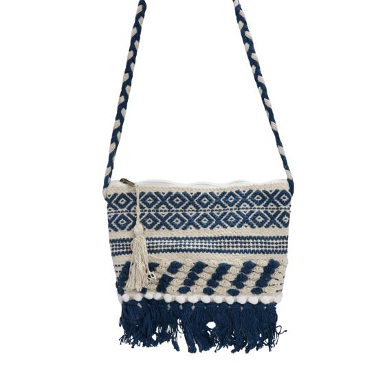 Cotton Sling Bag Off White & Blue || Saras Aajeevika