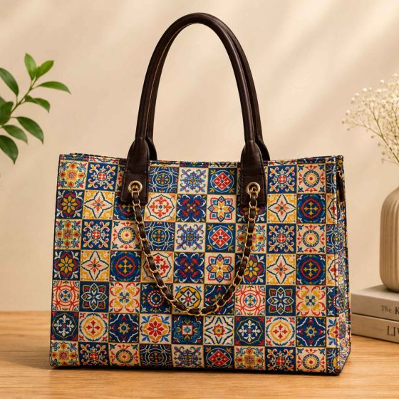 Jacquard Fabric Women's Handbag 15*12 inch || White & Blue Colour || Saras Aajeevika