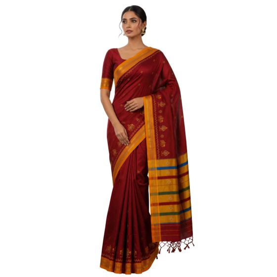 Kasuthi Cotton Saree || Maroon Colour || Elephant Design with 80 cm Blouse || Saras Aajeevika