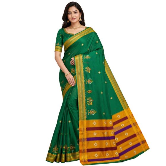 Kasuthi Cotton Saree || Green Colour || Elephant Design with 80 cm Blouse || Saras Aajeevika