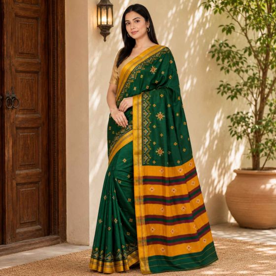 Kasuthi Cotton Saree || Green Colour || Star Design with 80cm Blouse || Saras Aajeevika