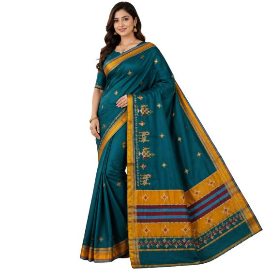 Kasuthi Cotton Saree || Peacock Green Colour || Pecock Design with 80cm Blouse || Saras Aajeevika