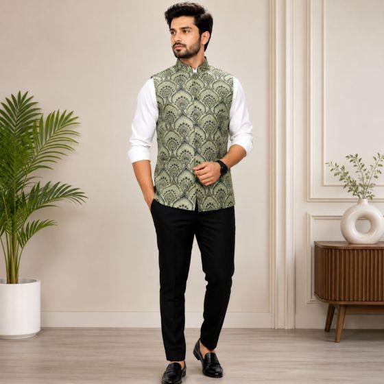 Men's Sleeveless Jacquard Jacket || Light Green Colour || Peacock Print || Saras Aajeevika