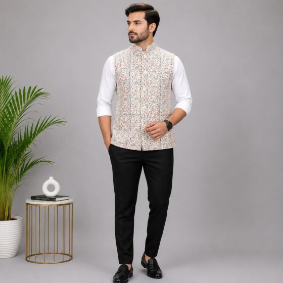 Men's Sleeveless Jacquard Jacket || Off White Multi Colour Print || Saras Aajeevika