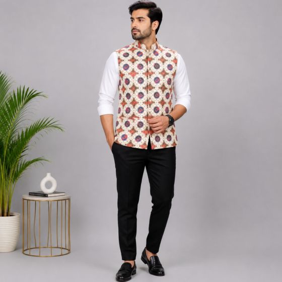 Men's Sleeveless Jacquard Jacket || Off White & Orange Colour Print || Saras Aajeevika
