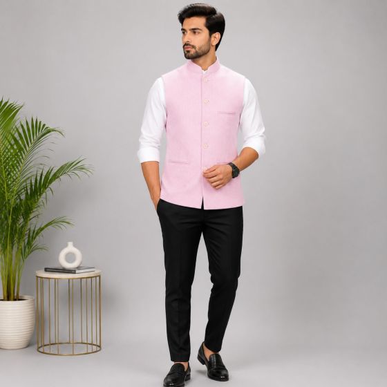 Men's Light Pink Sleeveless Cotton Jacket || Lightweight Casual Jacket || Saras Aajeevika