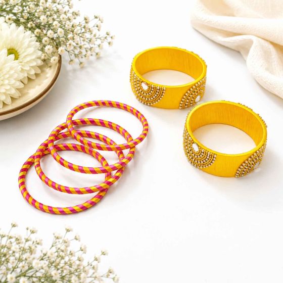 Silk Thread Bangles Half Circle || Set of 6 || Yellow Colour || Saras Aajeevika