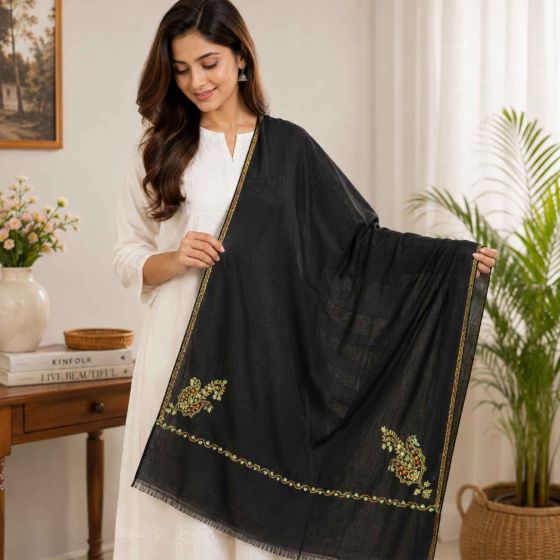 Kashmiri Sozni Embroidered Shawl || Black Colour || Size 80x42 inch || Saras Aajeevika