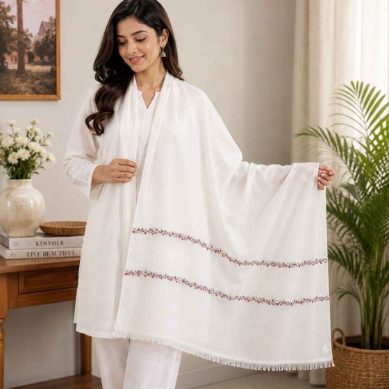 Kashmiri Toosha Sozni Embroidered Stole || Off White Colour || Size 83x30 inch || Toosah Wool || Saras Aajeevika