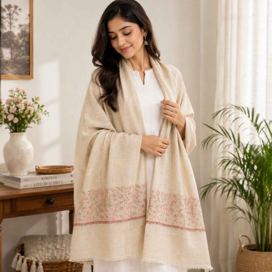 Kashmiri Toosha Sozni Embroidered Stole || Beige Colour || Size 83x30 inch || Toosah Wool || Saras Aajeevika