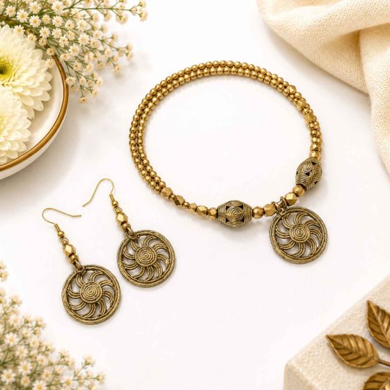 Dhokra Brass Choker Necklace Set with Round Pendant & Earrings || Size 6.3 inch || Saras Aajeevika