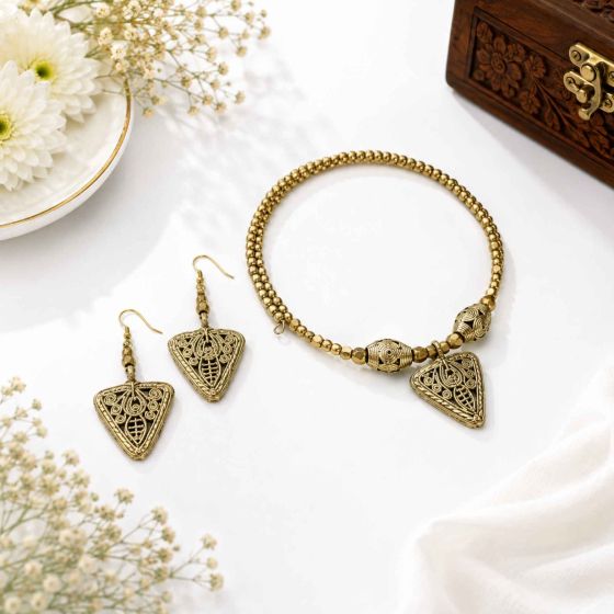 Dhokra Brass Choker Necklace Set with Triangular Pendant & Earrings || Size 6.3 inch || Saras Aajeevika