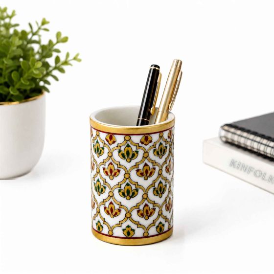 Handcrafted Marble Meenakari Pen Stand || Size 4 Inch || Saras Aajeevika