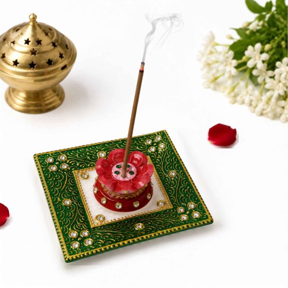 Handcrafted Marble Meenakari Agarbatti Stand with Plate || Size 4 Inch || Saras Aajeevika